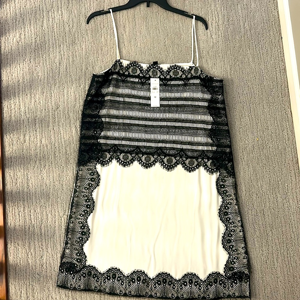 Off-white mini slip dress w/ black lace details. Perfect for any elegant event!